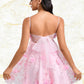 Olivia A-line Straight Mini Lace Homecoming Dress With Bow Flower DLP0025670