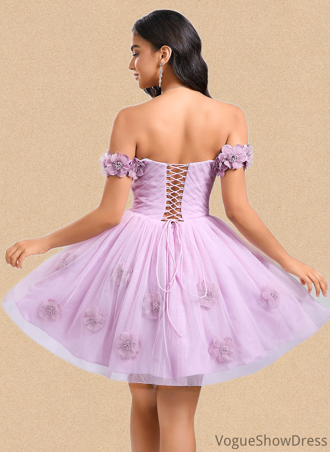 Janiya Ball-Gown/Princess Off the Shoulder Short Tulle Homecoming Dress With Pleated Flower DLP0025668