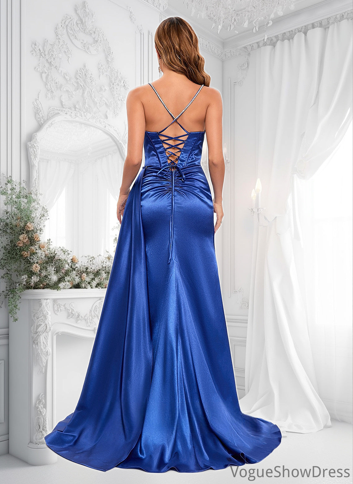 Caitlyn Trumpet/Mermaid Straight Sweep Train Stretch Satin Prom Dresses With Rhinestone DLP0025861