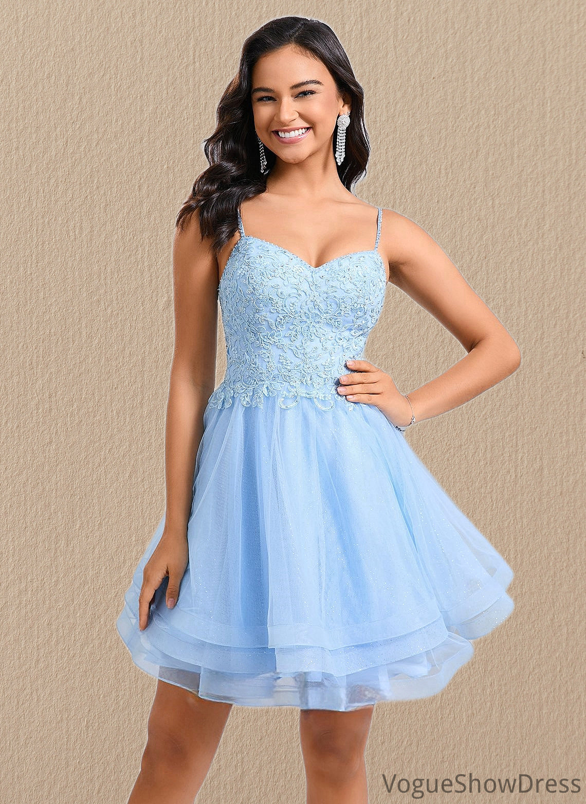 Alexis A-line V-Neck Short Lace Tulle Homecoming Dress With Rhinestone Sequins DLP0025658