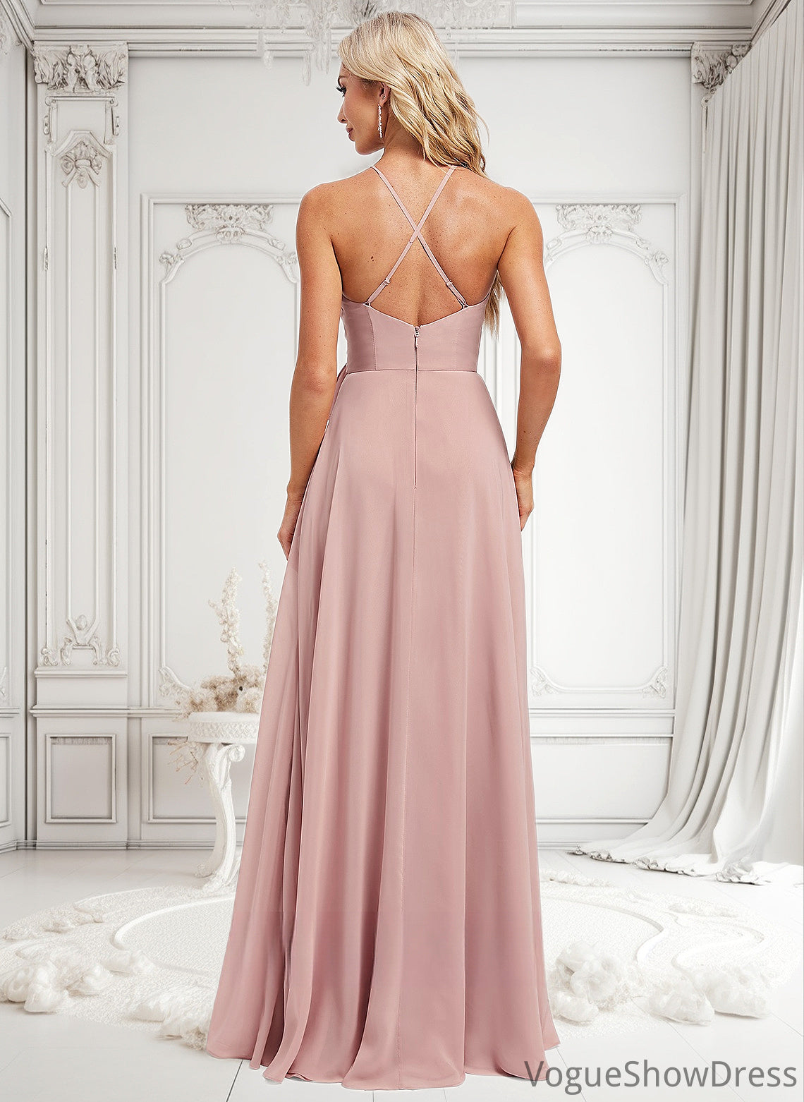 Jazmin A-line Halter Floor-Length Chiffon Bridesmaid Dress DLP0025821