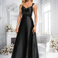 Bridget A-line V-Neck Floor-Length Stretch Satin Prom Dresses With Bow DLP0025882