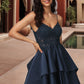 Mariana A-line V-Neck Short/Mini Lace Satin Homecoming Dress DLP0020504