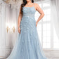 Angelica Trumpet/Mermaid Straight Sweep Train Tulle Prom Dresses With Flower DLP0025866