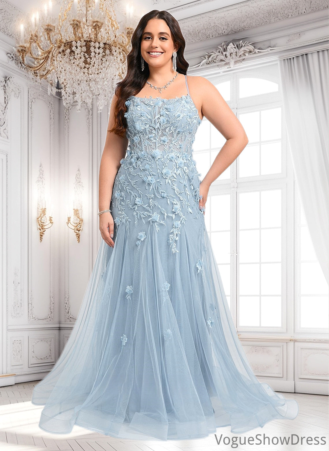 Angelica Trumpet/Mermaid Straight Sweep Train Tulle Prom Dresses With Flower DLP0025866