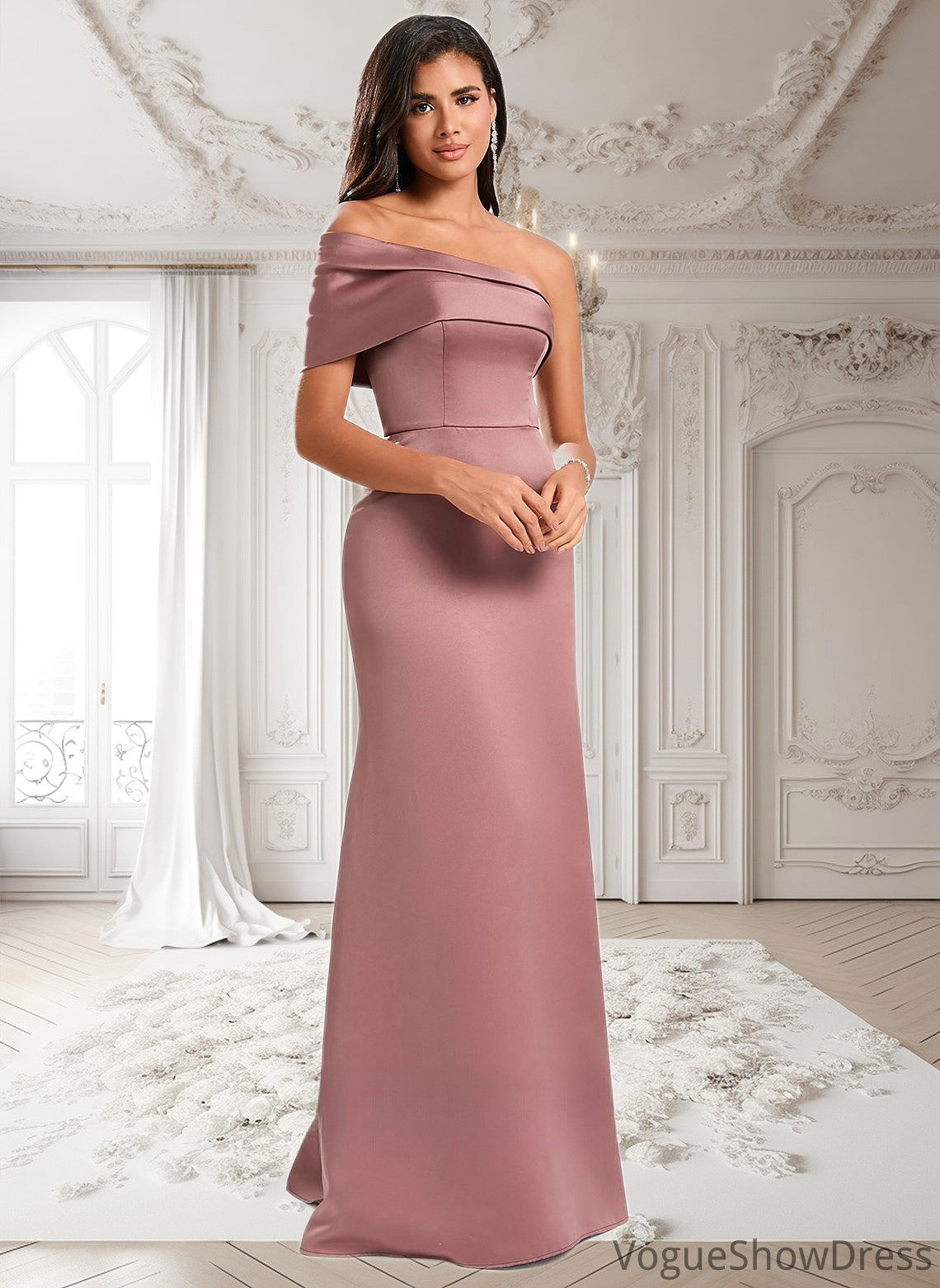 Cierra A-line Asymmetrical Off the Shoulder Floor-Length Satin Prom Dresses DLP0025884