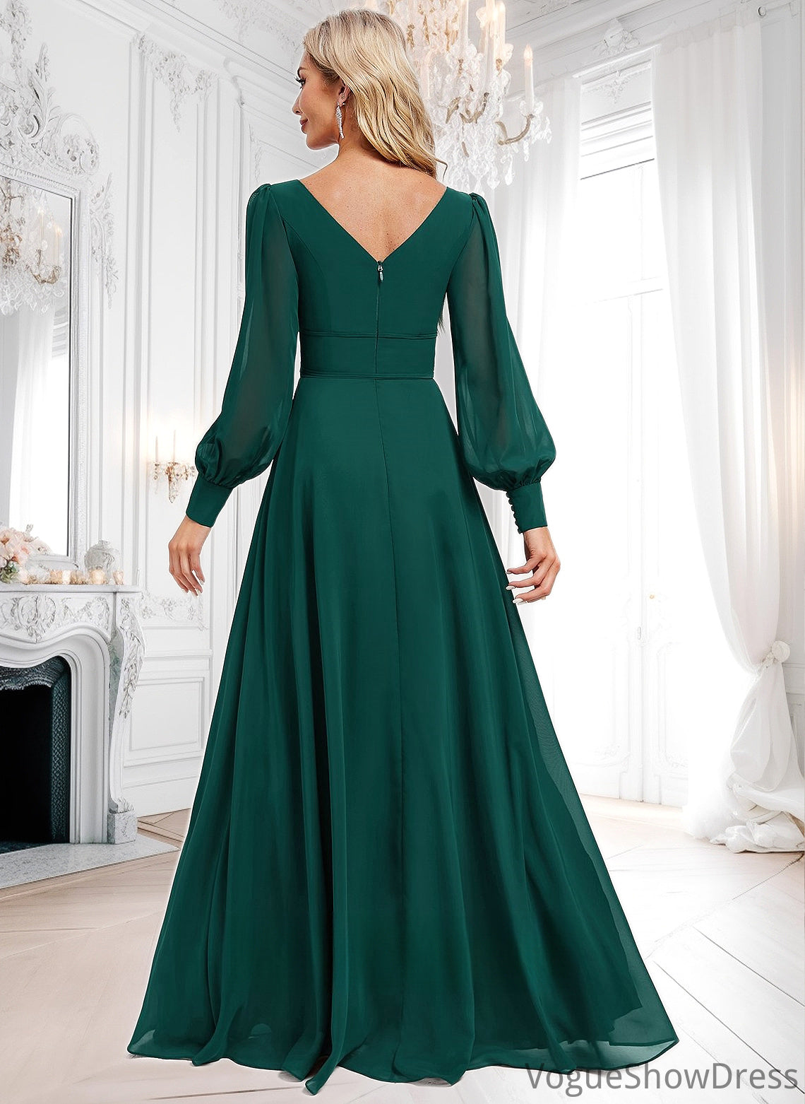 Alejandra A-line V-Neck Floor-Length Chiffon Bridesmaid Dress DLP0025816