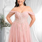 Talia A-line Sweetheart Off the Shoulder Floor-Length Tulle Floral Lace Prom Dresses With Appliques Lace DLP0025870