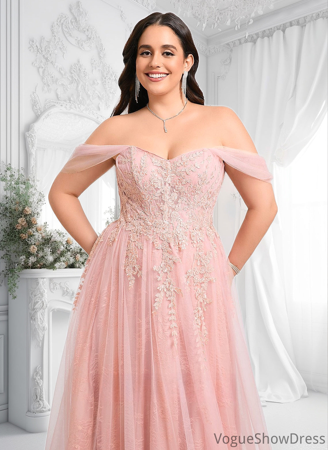 Talia A-line Sweetheart Off the Shoulder Floor-Length Tulle Floral Lace Prom Dresses With Appliques Lace DLP0025870