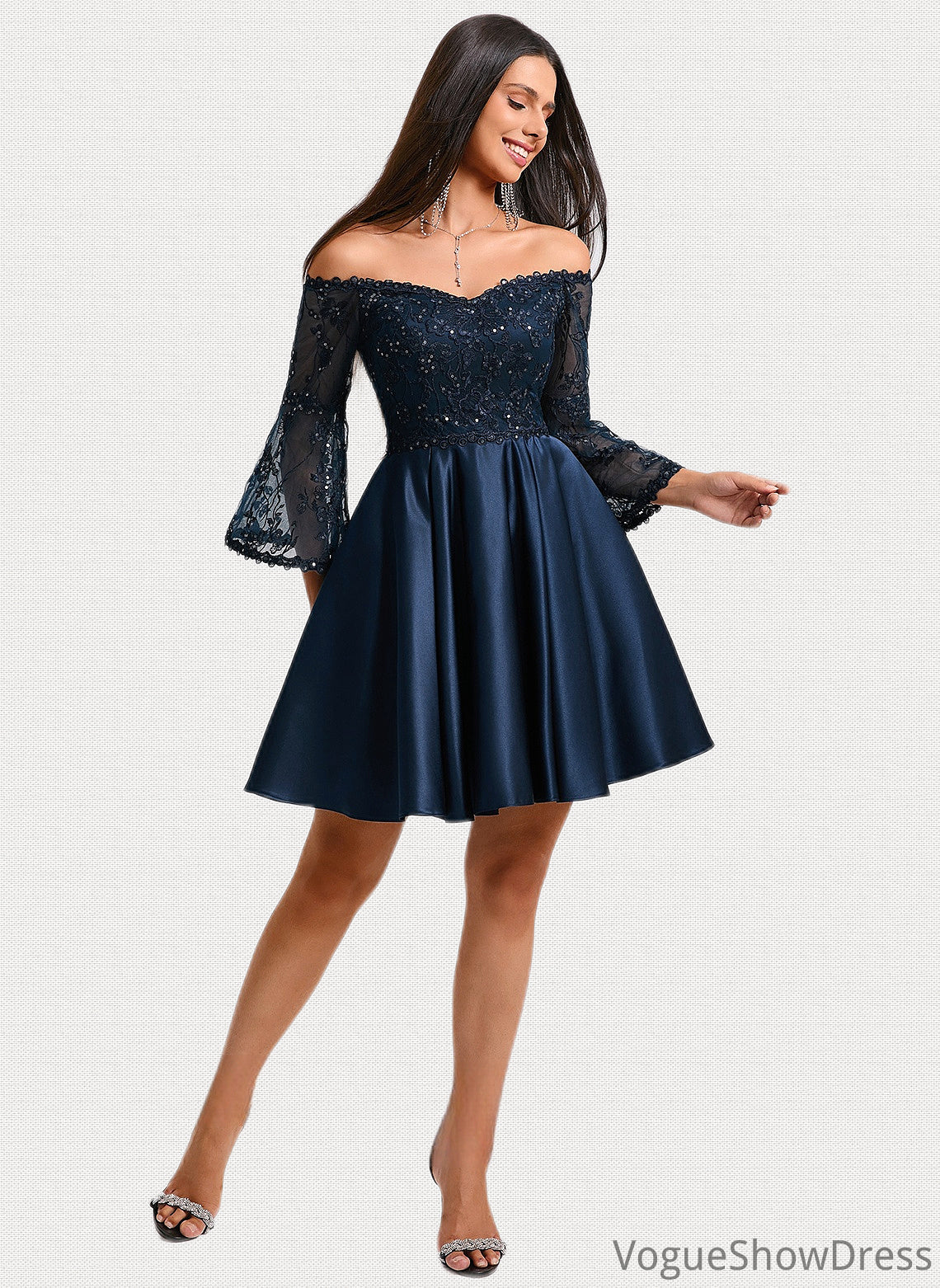 Aileen A-line Off the Shoulder Short Satin Homecoming Dress With Sequins DLP0025651