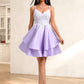 Monica A-line V-Neck Short Satin Homecoming Dress With Appliques Lace DLP0025696