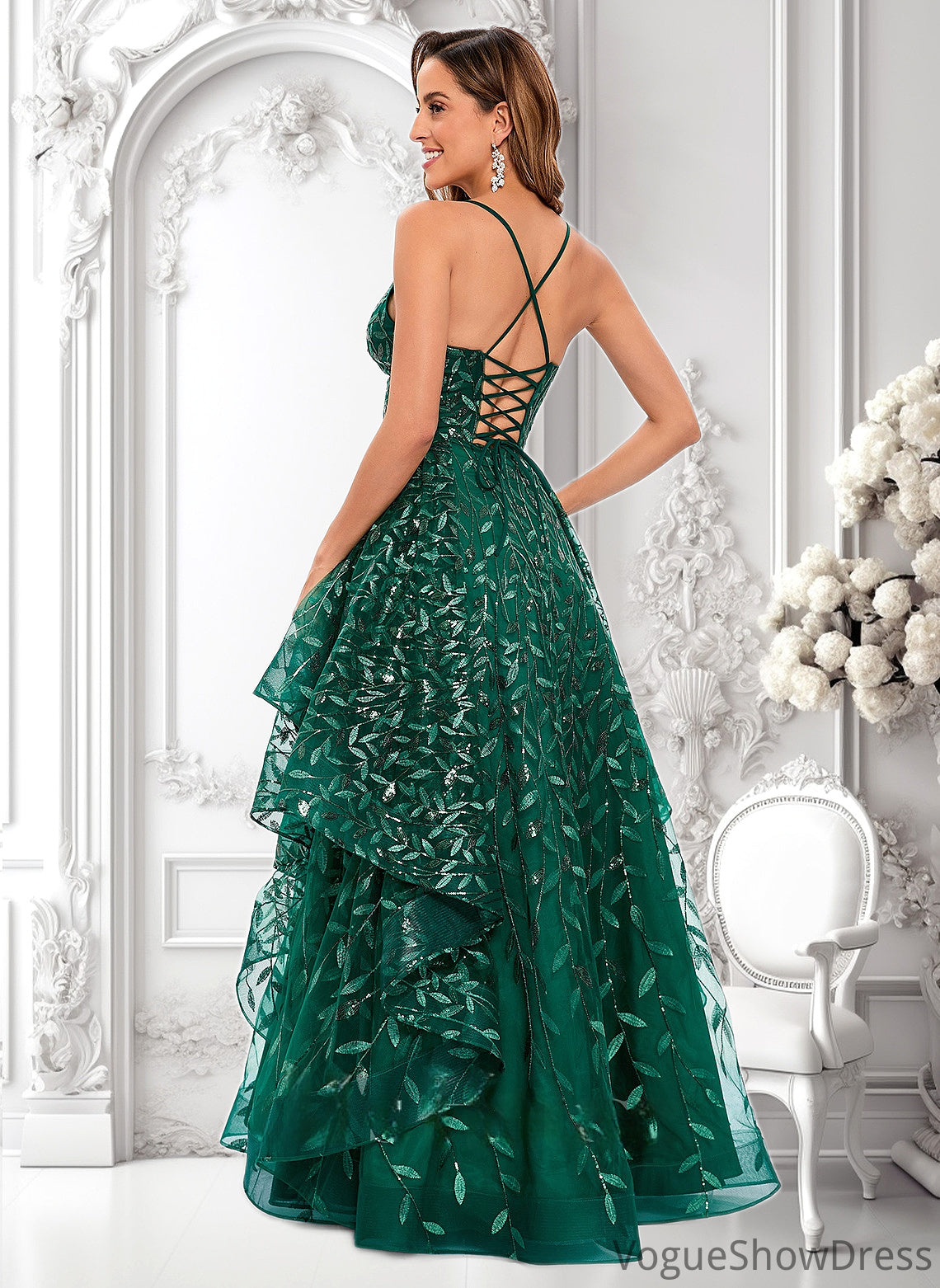 Yazmin Ball-Gown/Princess V-Neck Floor-Length Lace Floral Prom Dresses With Sequins DLP0025838