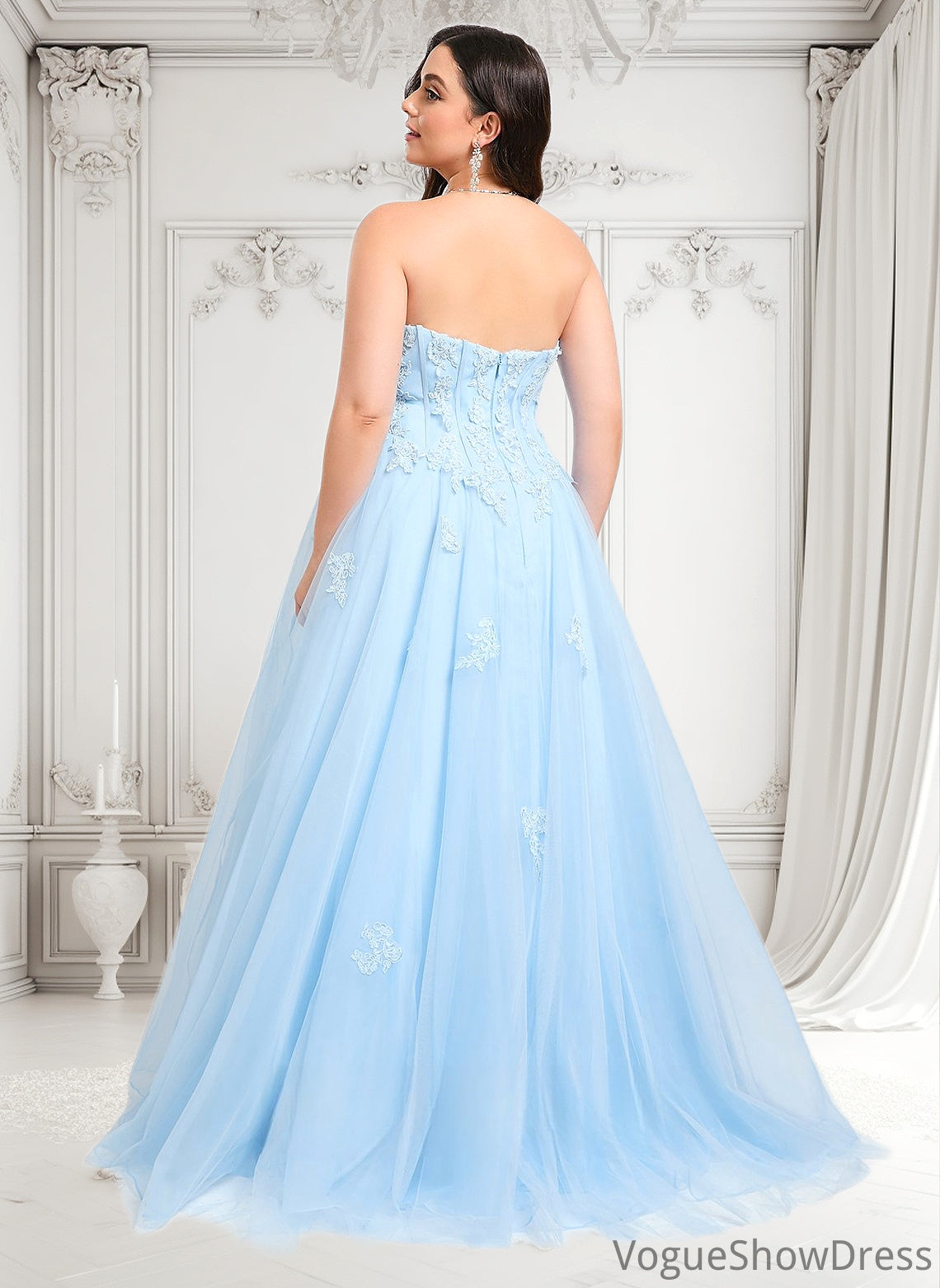 Natalia Ball-Gown/Princess Straight Sweep Train Tulle Prom Dresses With Sequins Appliques Lace DLP0025864