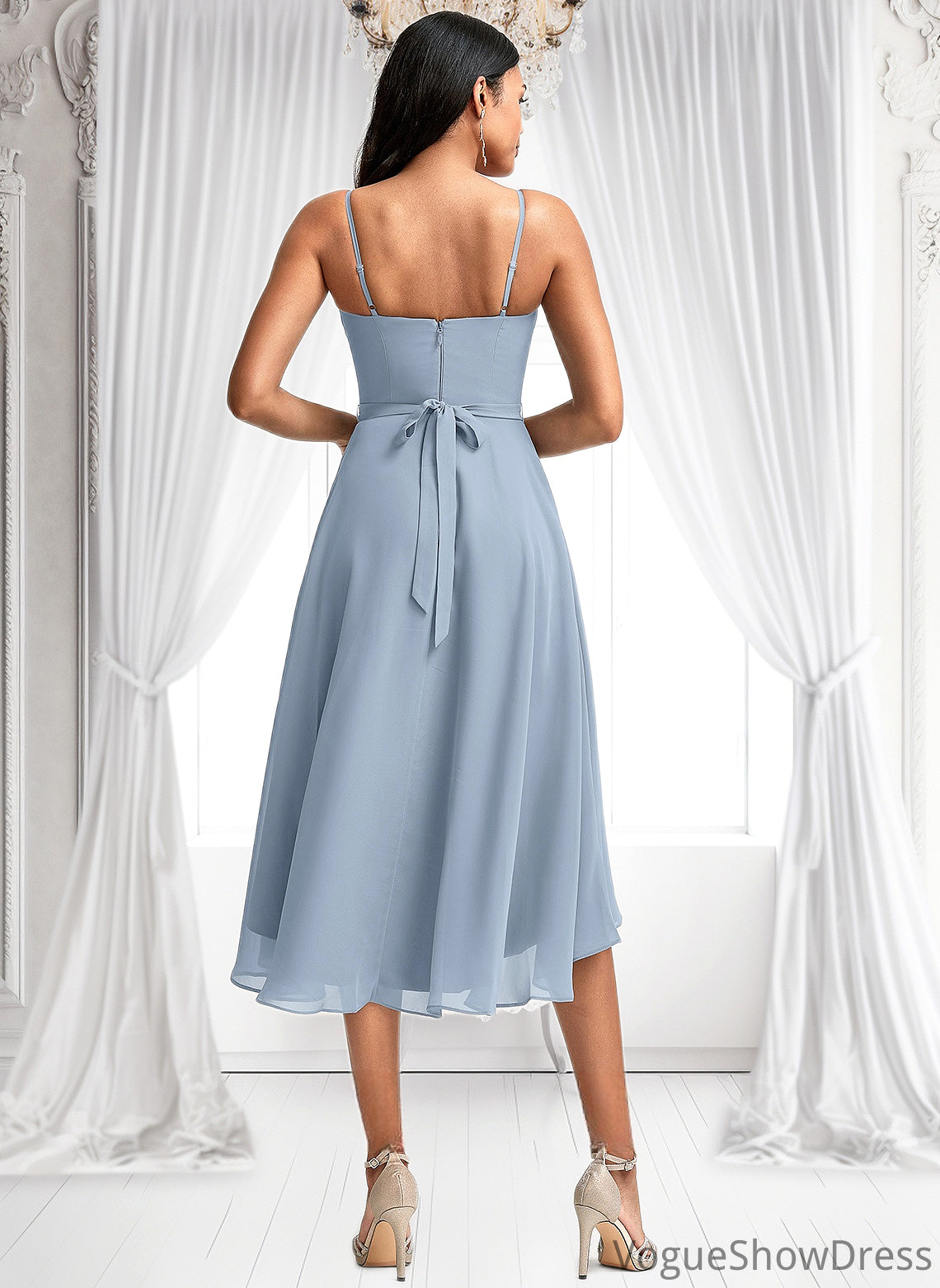 Jeanie A-line Cowl Asymmetrical Chiffon Bridesmaid Dress With Ruffle DLP0025727