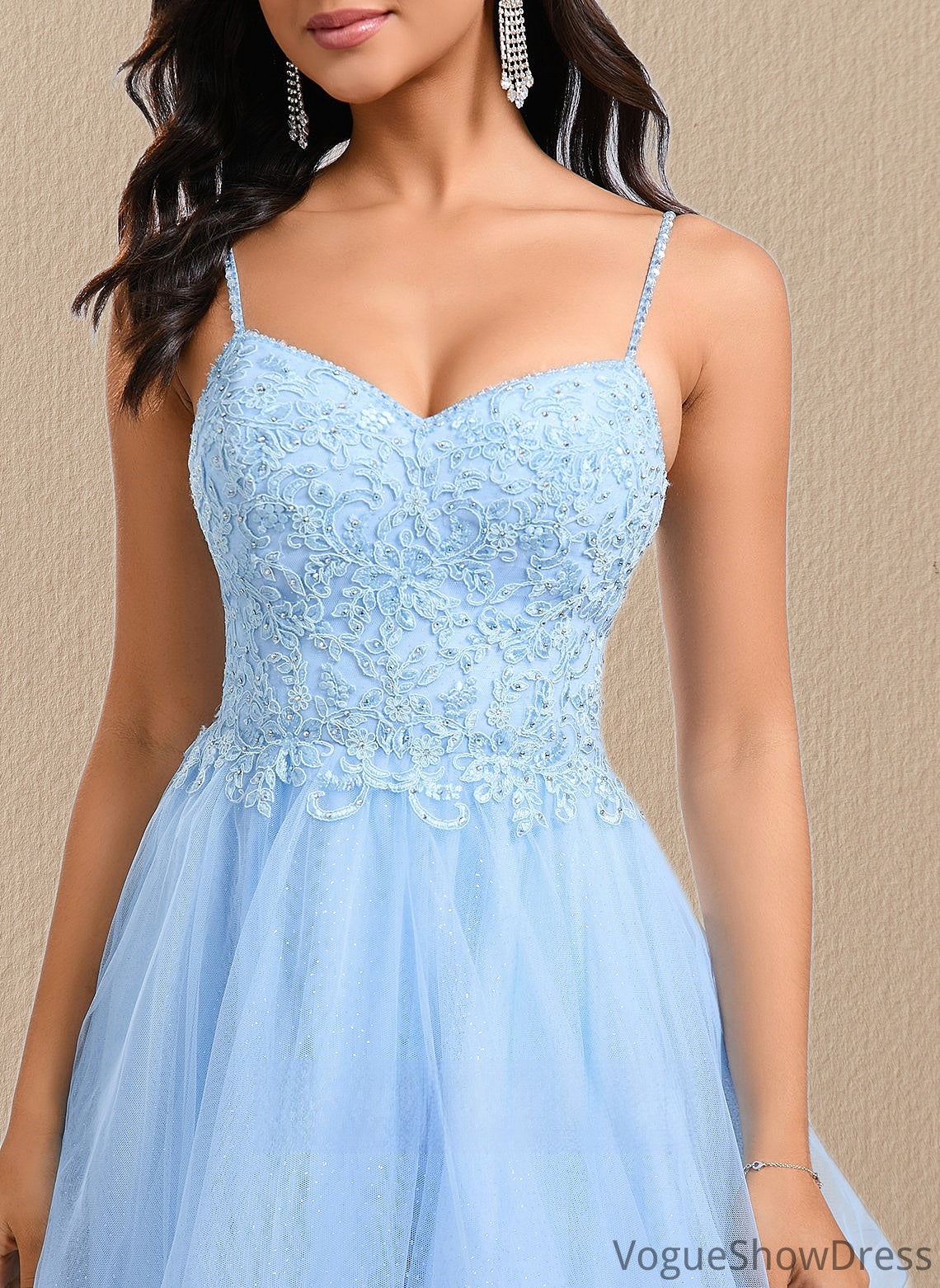 Alexis A-line V-Neck Short Lace Tulle Homecoming Dress With Rhinestone Sequins DLP0025658