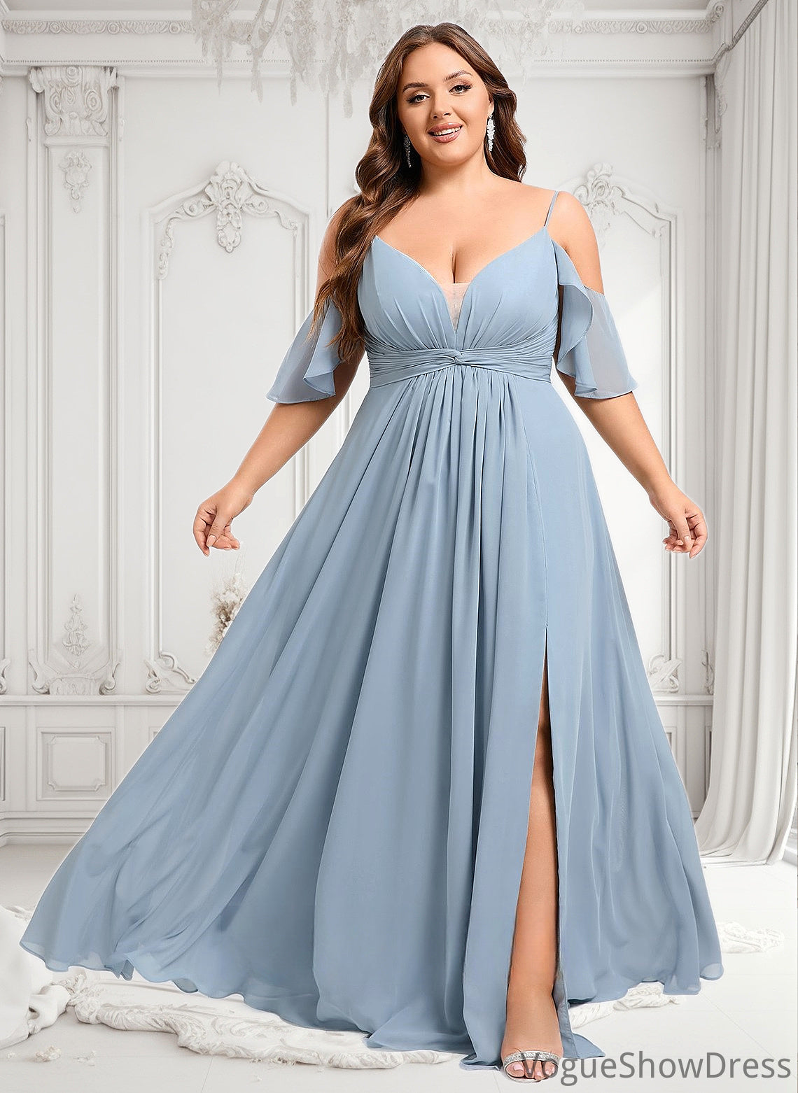 Sophie A-line Cold Shoulder Floor-Length Chiffon Bridesmaid Dress With Ruffle DLP0025797