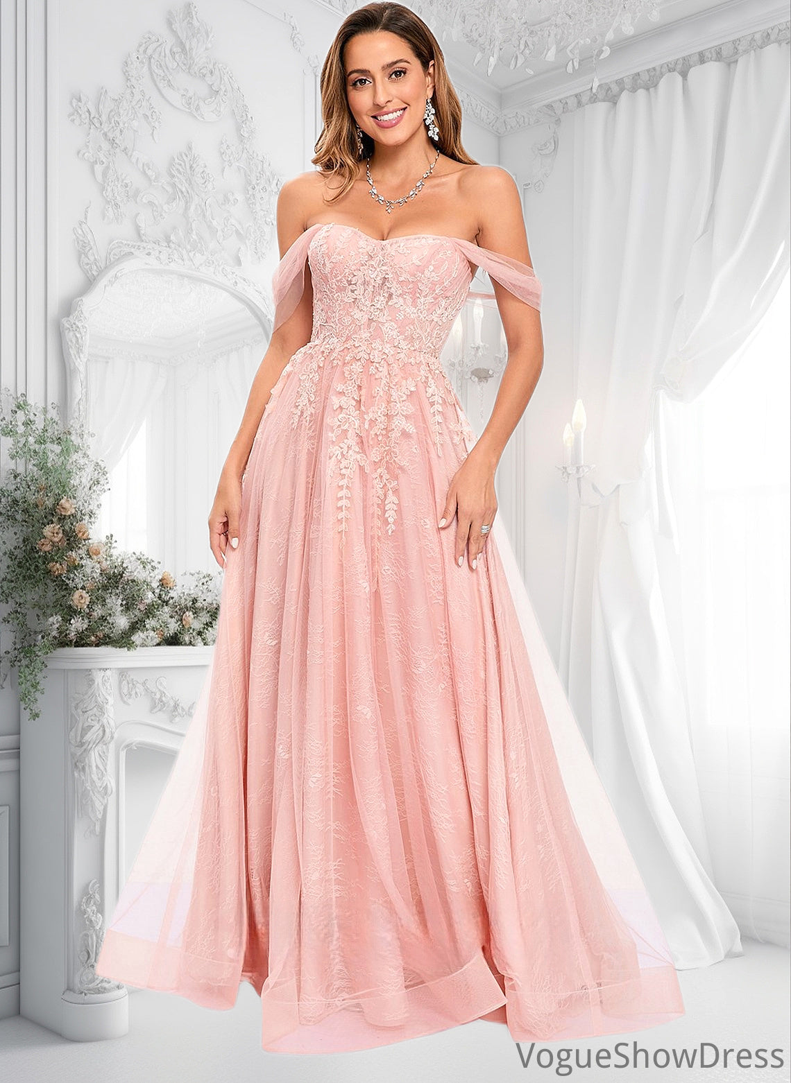 Talia A-line Sweetheart Off the Shoulder Floor-Length Tulle Floral Lace Prom Dresses With Appliques Lace DLP0025870