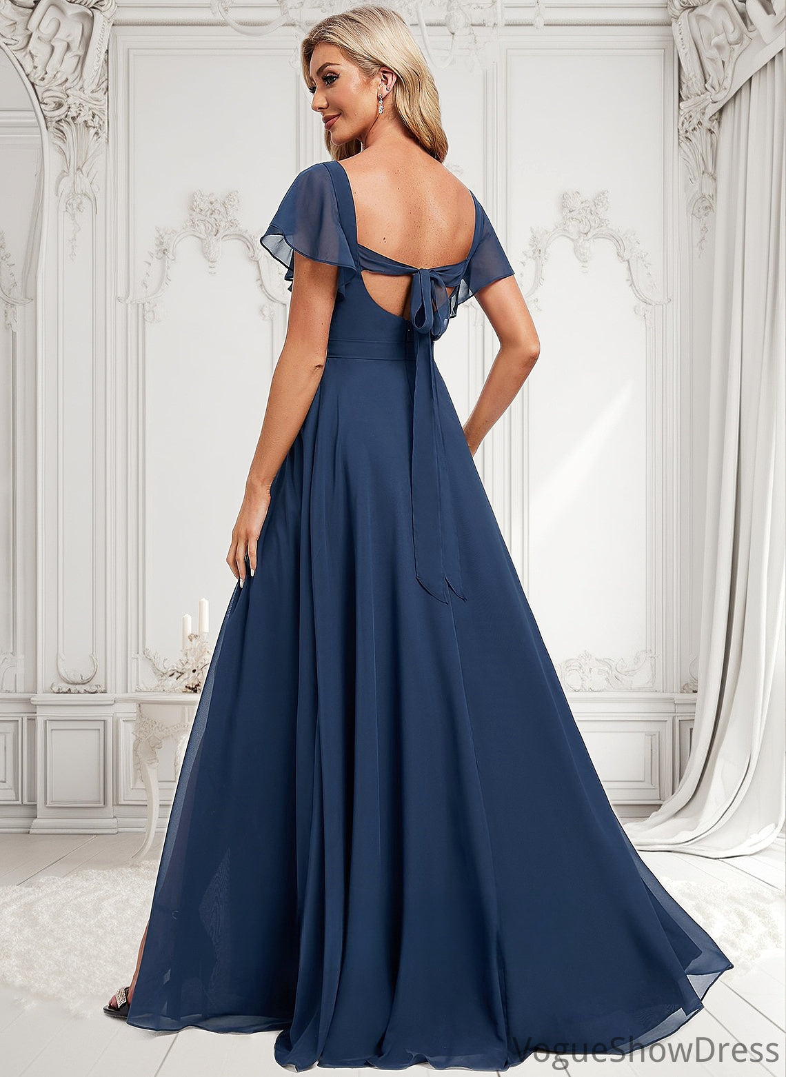 Tiana A-line V-Neck Floor-Length Chiffon Bridesmaid Dress With Ruffle DLP0025802