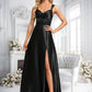 Bridget A-line V-Neck Floor-Length Stretch Satin Prom Dresses With Bow DLP0025882