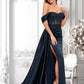 Shelby Trumpet/Mermaid Off the Shoulder Sweep Train Satin Prom Dresses With Sequins Appliques Lace DLP0025835