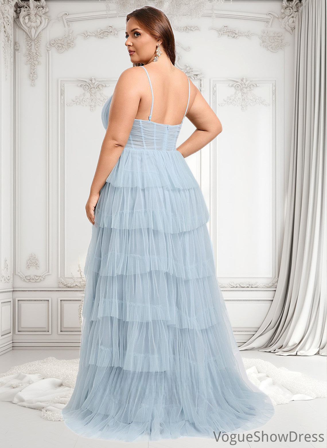 Ella Ball-Gown/Princess V-Neck Sweep Train Tulle Prom Dresses DLP0025833