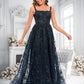 Jaylah A-line Square Floor-Length Organza Lace Floral Prom Dresses With Sequins DLP0025844