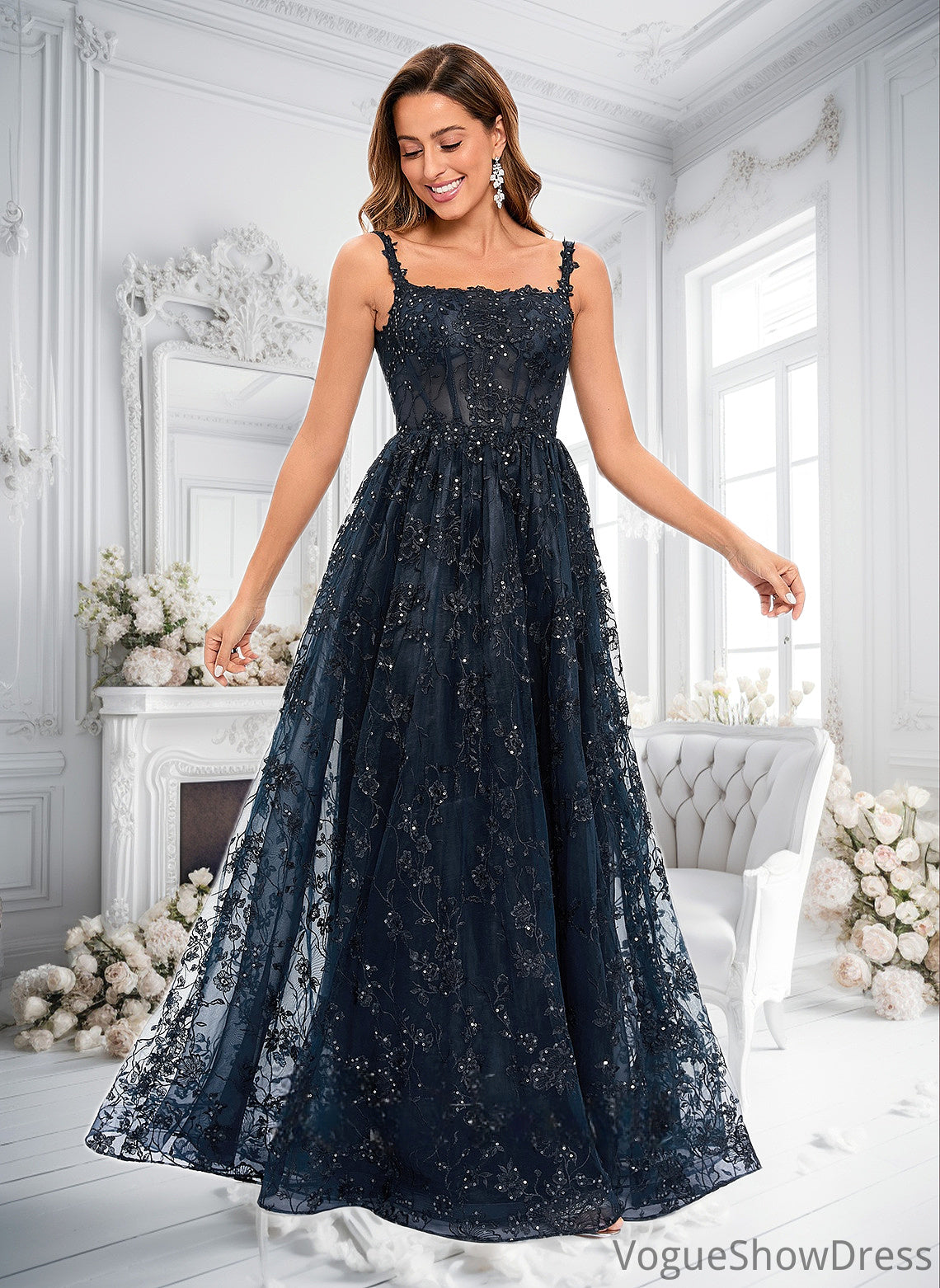 Jaylah A-line Square Floor-Length Organza Lace Floral Prom Dresses With Sequins DLP0025844