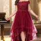 Scarlett A-line Off the Shoulder Asymmetrical Lace Tulle Homecoming Dress With Beading Bow Sequins DLP0020535