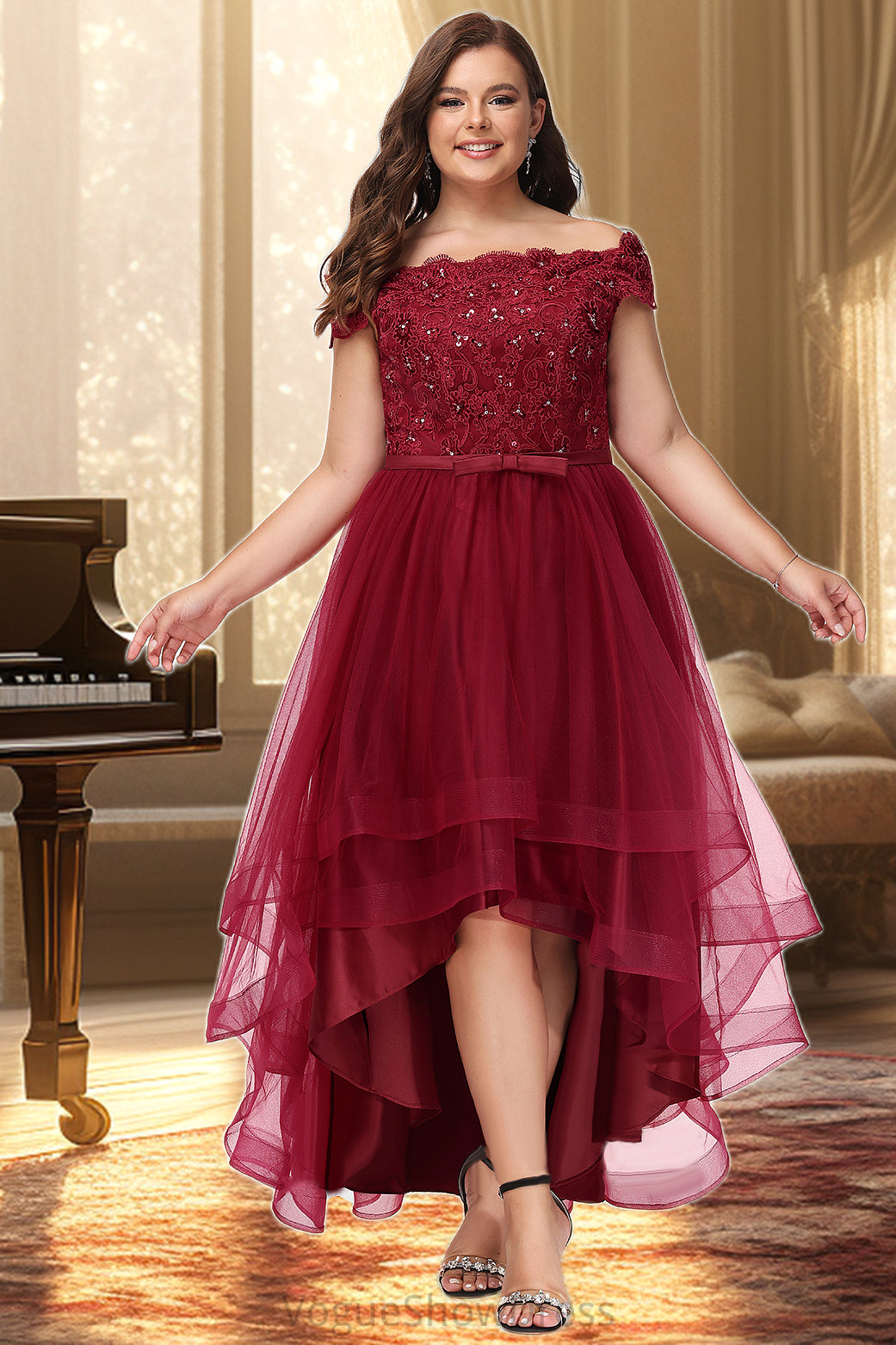 Scarlett A-line Off the Shoulder Asymmetrical Lace Tulle Homecoming Dress With Beading Bow Sequins DLP0020535