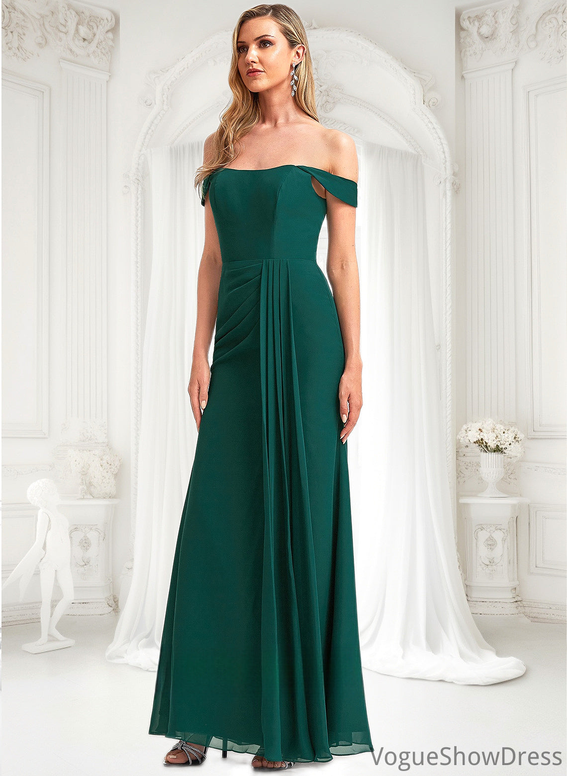 Kamari A-line Off the Shoulder Floor-Length Chiffon Bridesmaid Dress DLP0025744