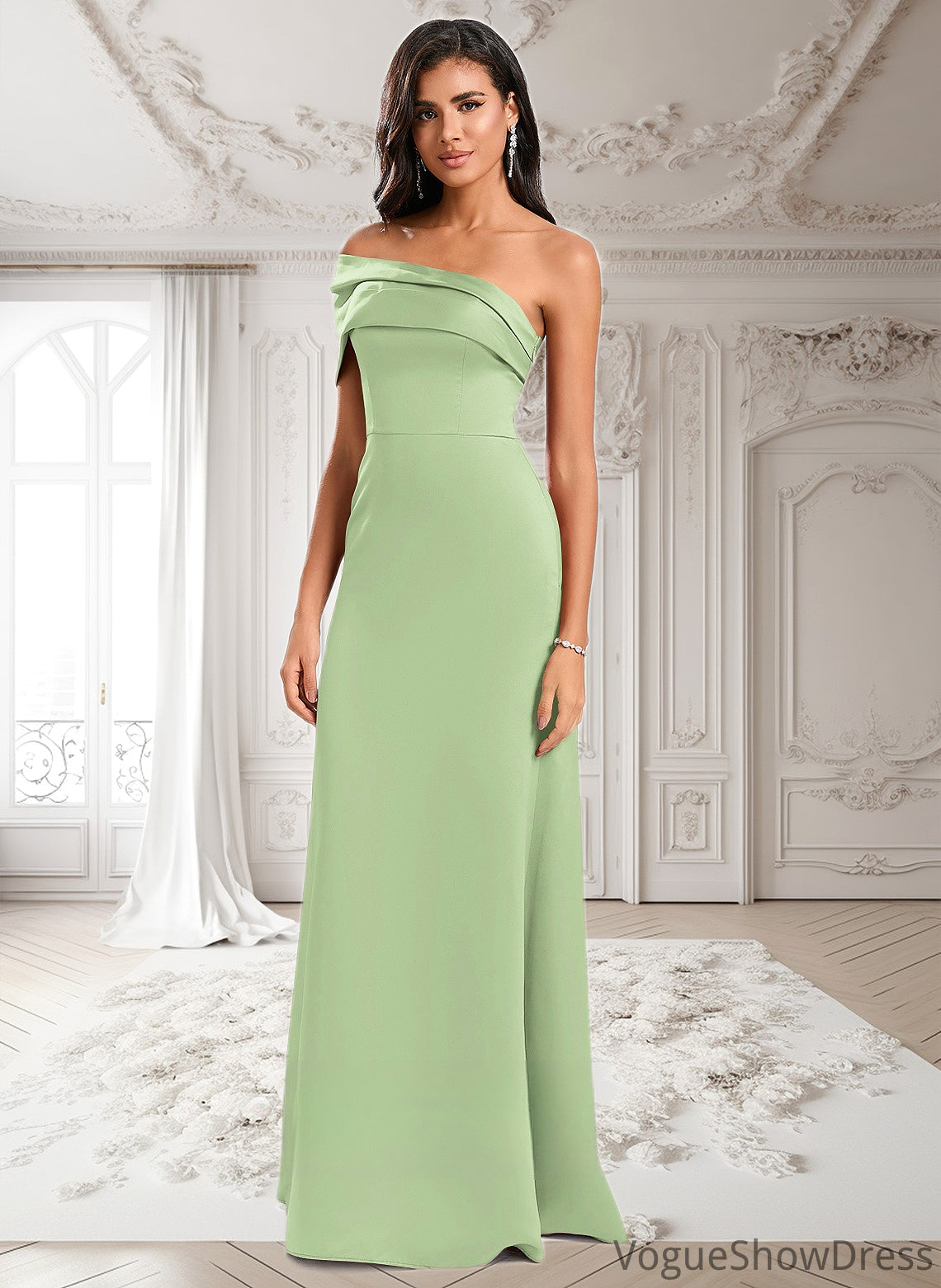 Cierra A-line Asymmetrical Off the Shoulder Floor-Length Satin Prom Dresses DLP0025884