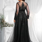 Evie A-line V-Neck Floor-Length Tulle Prom Dresses With Sequins Appliques Lace Beading DLP0025834