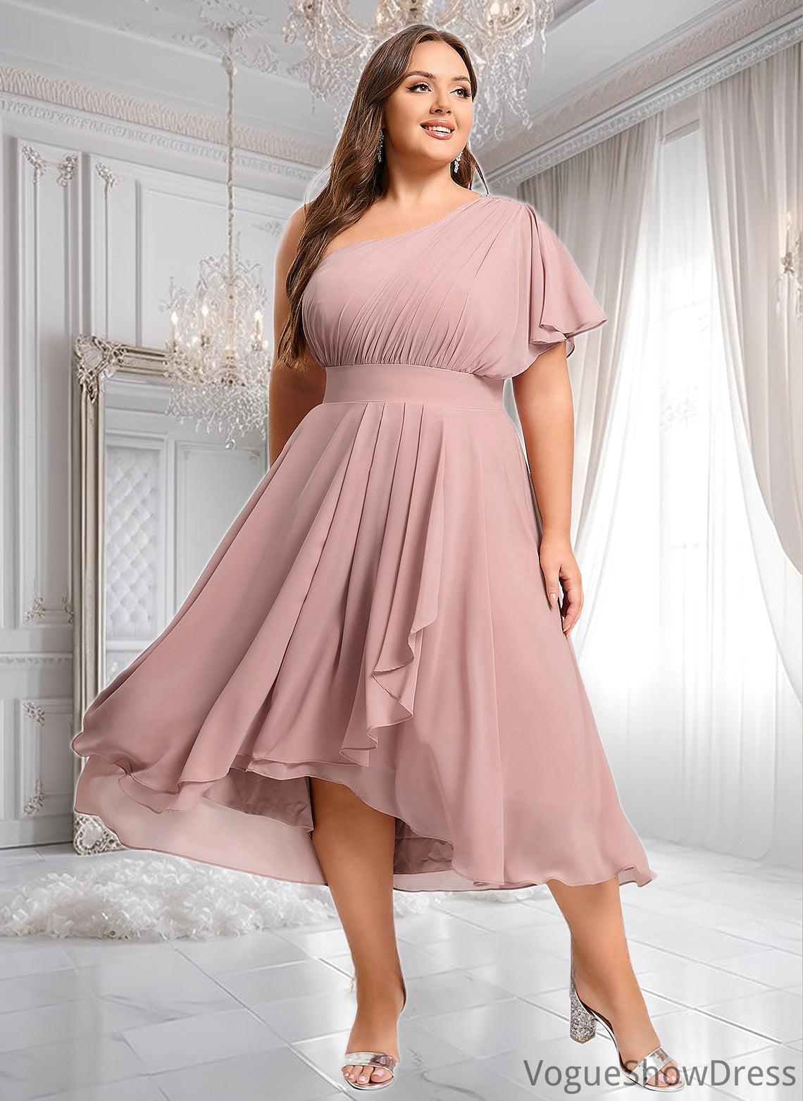 Kitty A-line One Shoulder Asymmetrical Chiffon Bridesmaid Dress With Ruffle DLP0025819