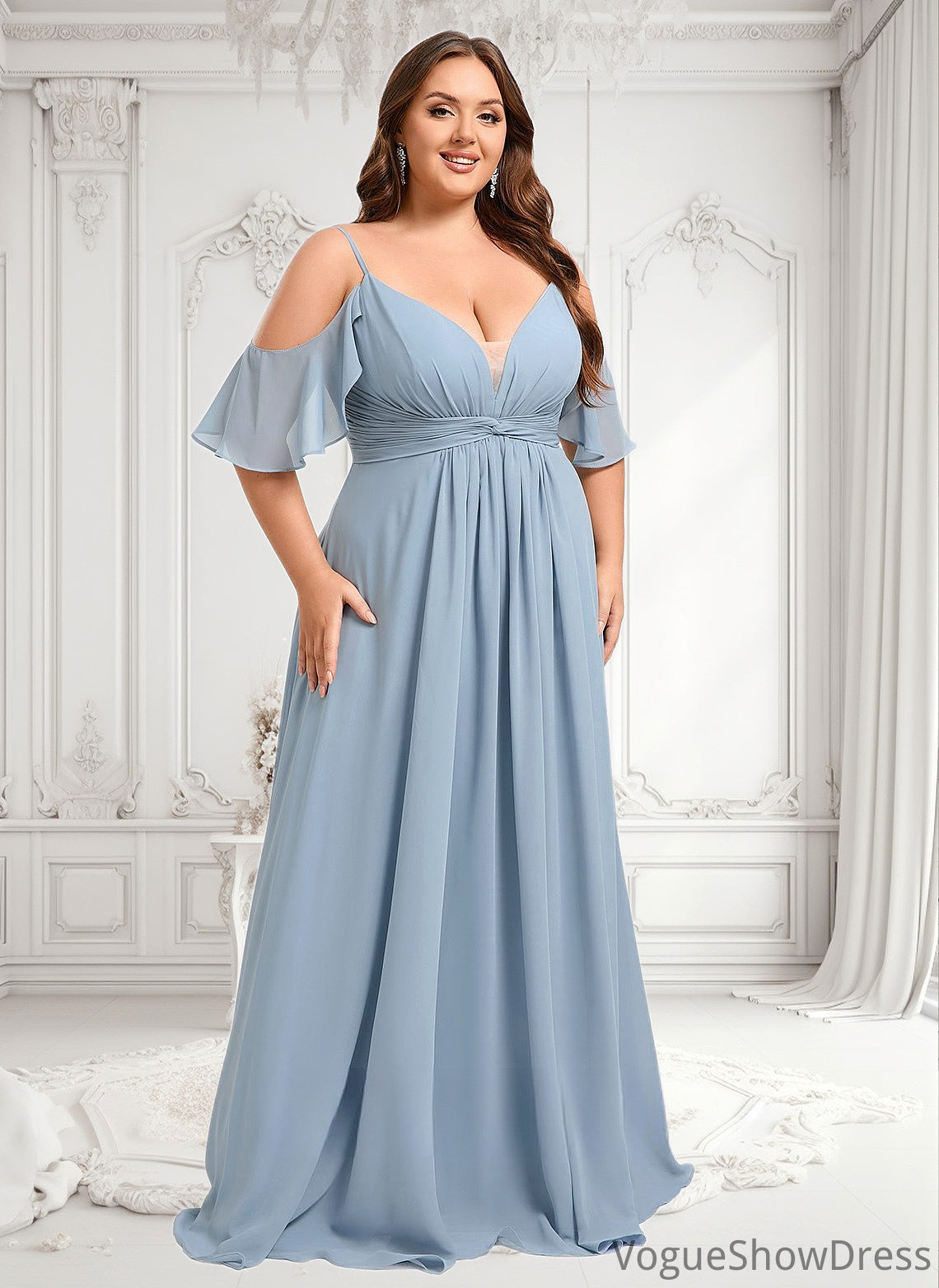 Sophie A-line Cold Shoulder Floor-Length Chiffon Bridesmaid Dress With Ruffle DLP0025797