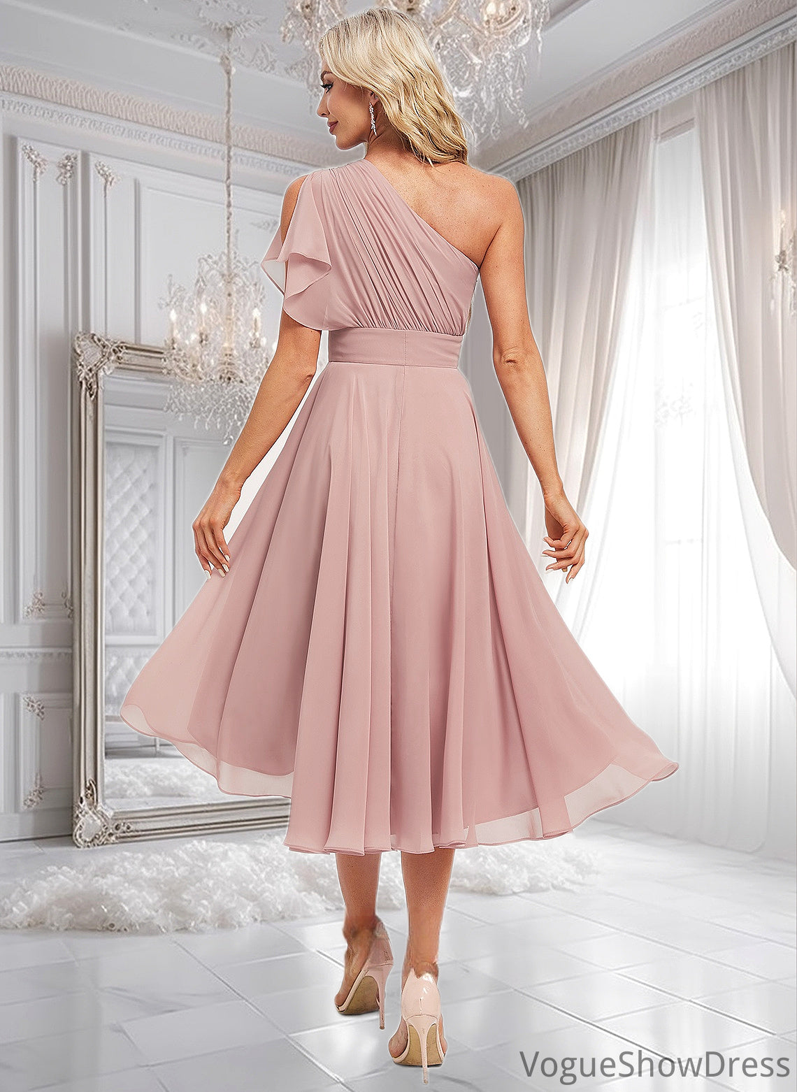 Kitty A-line One Shoulder Asymmetrical Chiffon Bridesmaid Dress With Ruffle DLP0025819