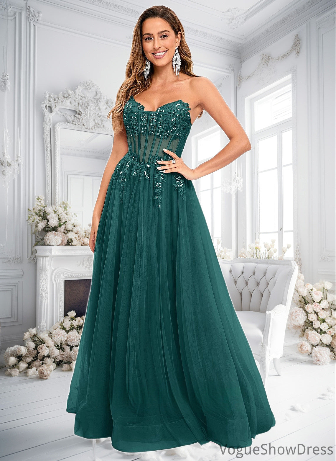 Jaylyn Ball-Gown/Princess V-Neck Floor-Length Tulle Prom Dresses With Sequins Appliques Lace DLP0025837