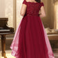 Scarlett A-line Off the Shoulder Asymmetrical Lace Tulle Homecoming Dress With Beading Bow Sequins DLP0020535