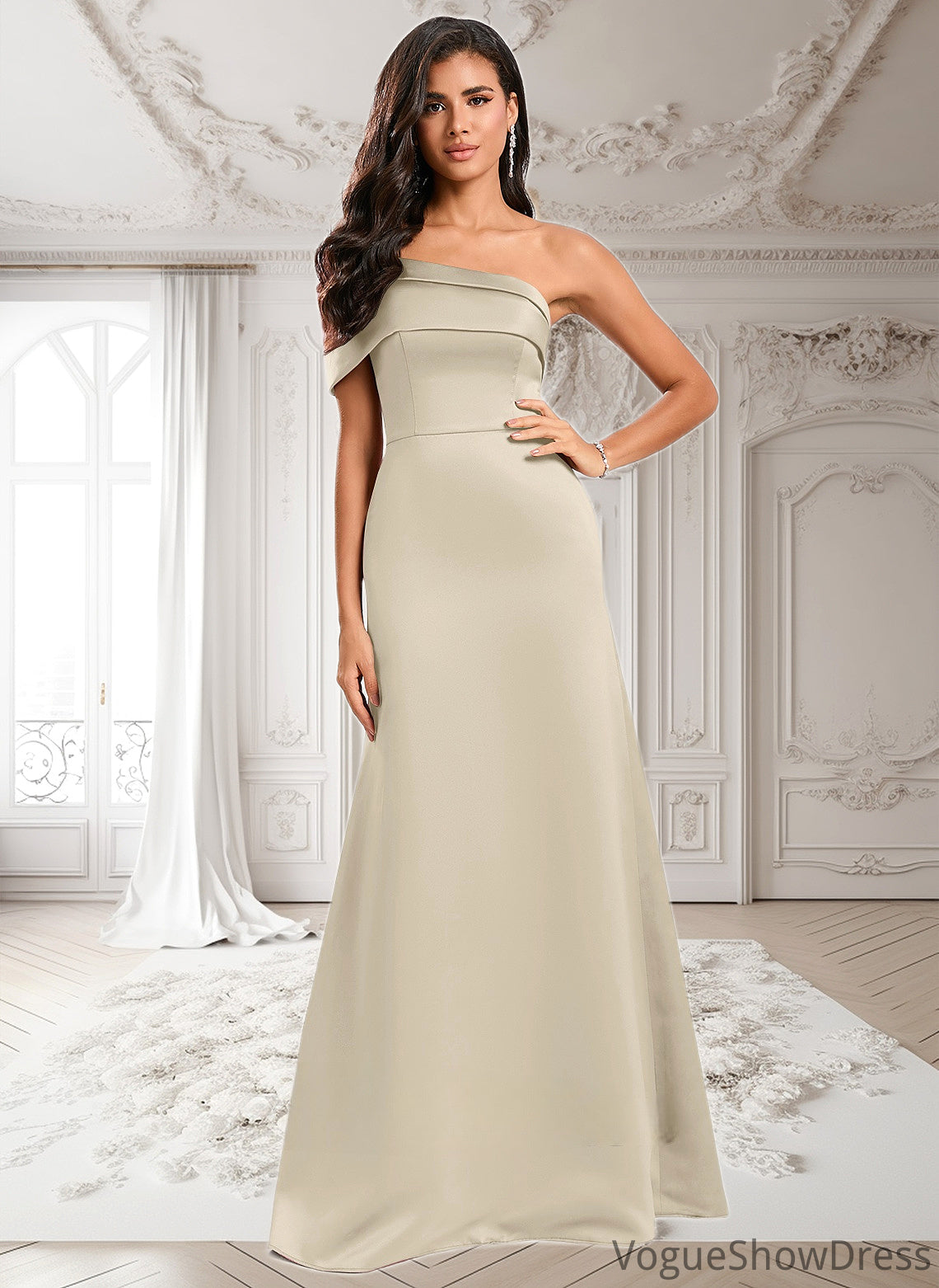 Cierra A-line Asymmetrical Off the Shoulder Floor-Length Satin Prom Dresses DLP0025884