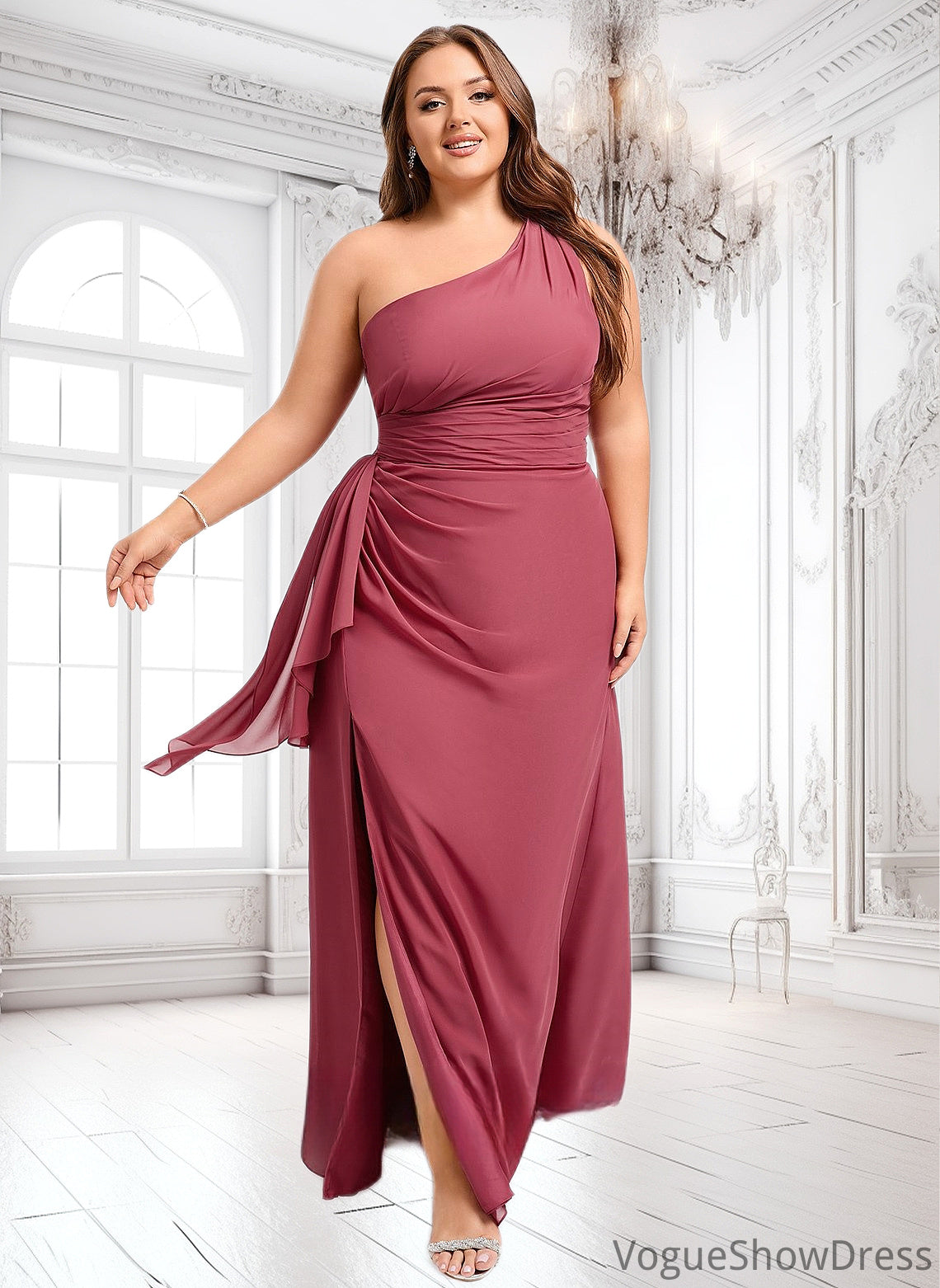 Lara A-line One Shoulder Floor-Length Chiffon Bridesmaid Dress With Ruffle DLP0025824