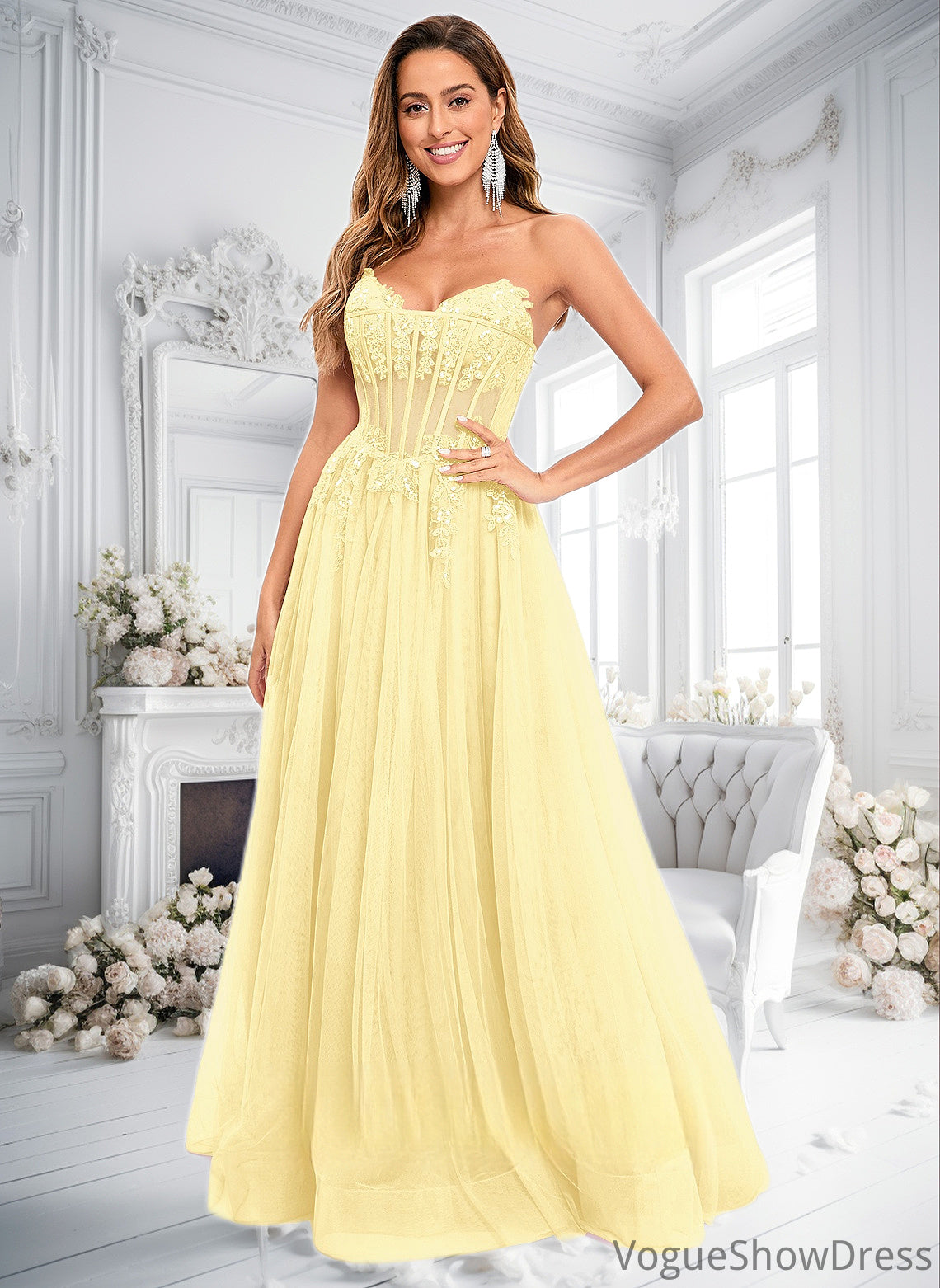 Jaylyn Ball-Gown/Princess V-Neck Floor-Length Tulle Prom Dresses With Sequins Appliques Lace DLP0025837