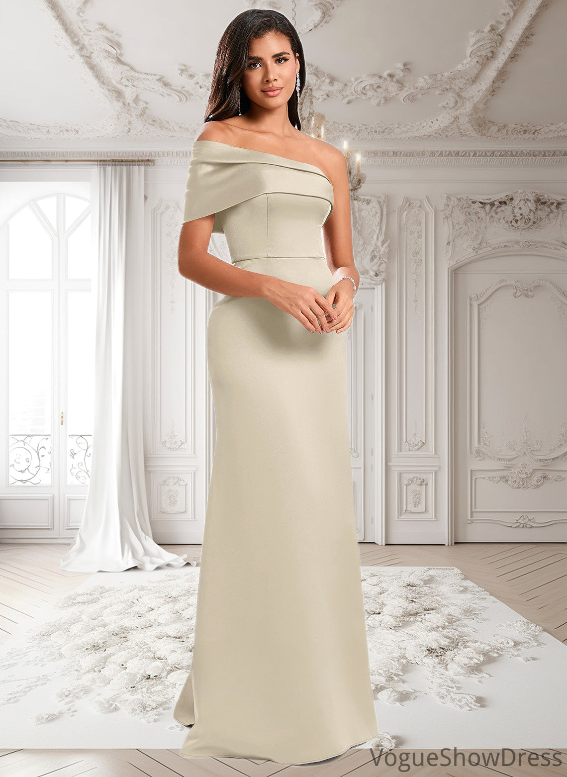 Cierra A-line Asymmetrical Off the Shoulder Floor-Length Satin Prom Dresses DLP0025884