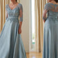 Stella A-Line/Princess Satin Applique V-neck 3/4 Sleeves Floor-Length Mother of the Bride Dresses DLP0020381