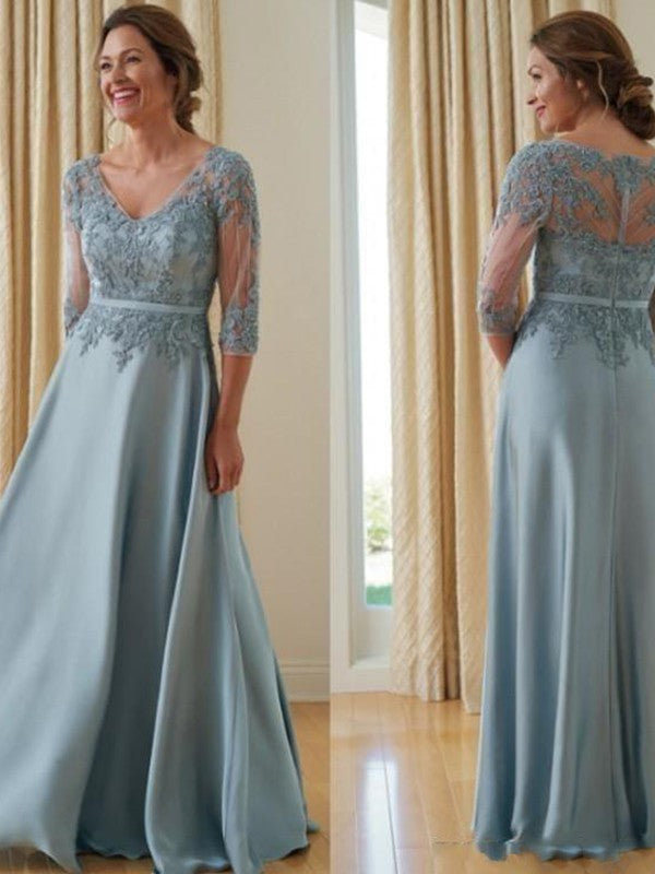 Stella A-Line/Princess Satin Applique V-neck 3/4 Sleeves Floor-Length Mother of the Bride Dresses DLP0020381