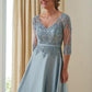 Stella A-Line/Princess Satin Applique V-neck 3/4 Sleeves Floor-Length Mother of the Bride Dresses DLP0020381