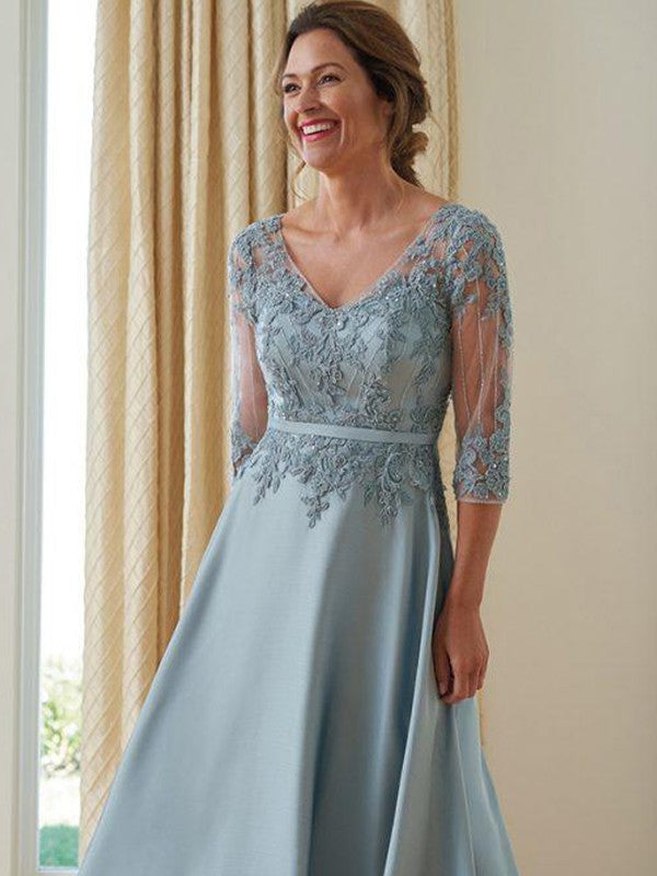 Stella A-Line/Princess Satin Applique V-neck 3/4 Sleeves Floor-Length Mother of the Bride Dresses DLP0020381