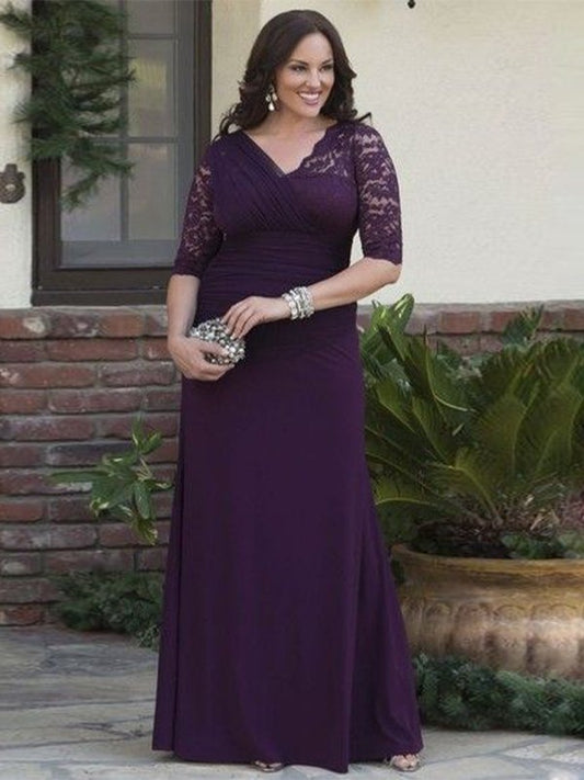 Luna A-Line/Princess Satin Lace V-neck 1/2 Sleeves Floor-Length Mother of the Bride Dresses DLP0020382