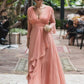 Elise A-Line/Princess Chiffon Ruffles V-neck Long Sleeves Floor-Length Mother of the Bride Dresses DLP0020384