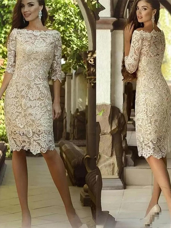 Esther Sheath/Column Lace Applique Off-the-Shoulder 3/4 Sleeves Knee-Length Mother of the Bride Dresses DLP0020398