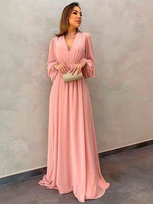 Marcia A-Line/Princess Chiffon Ruffles V-neck Long Sleeves Sweep/Brush Train Mother of the Bride Dresses DLP0020407