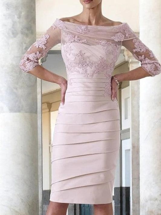 Kailyn Sheath/Column Satin Applique Scoop 3/4 Sleeves Knee-Length Mother of the Bride Dresses DLP0020414